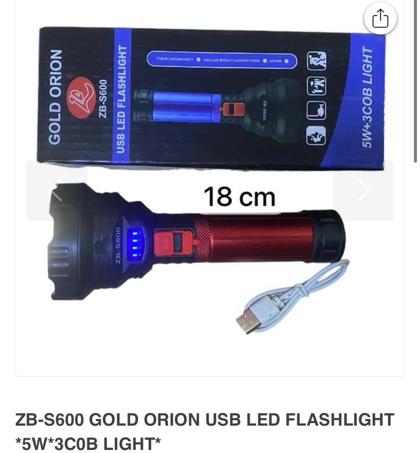 ZB-S600 GOLD ORION USB LED FLASHLIGHT *5W*3C0B LIGHT* 